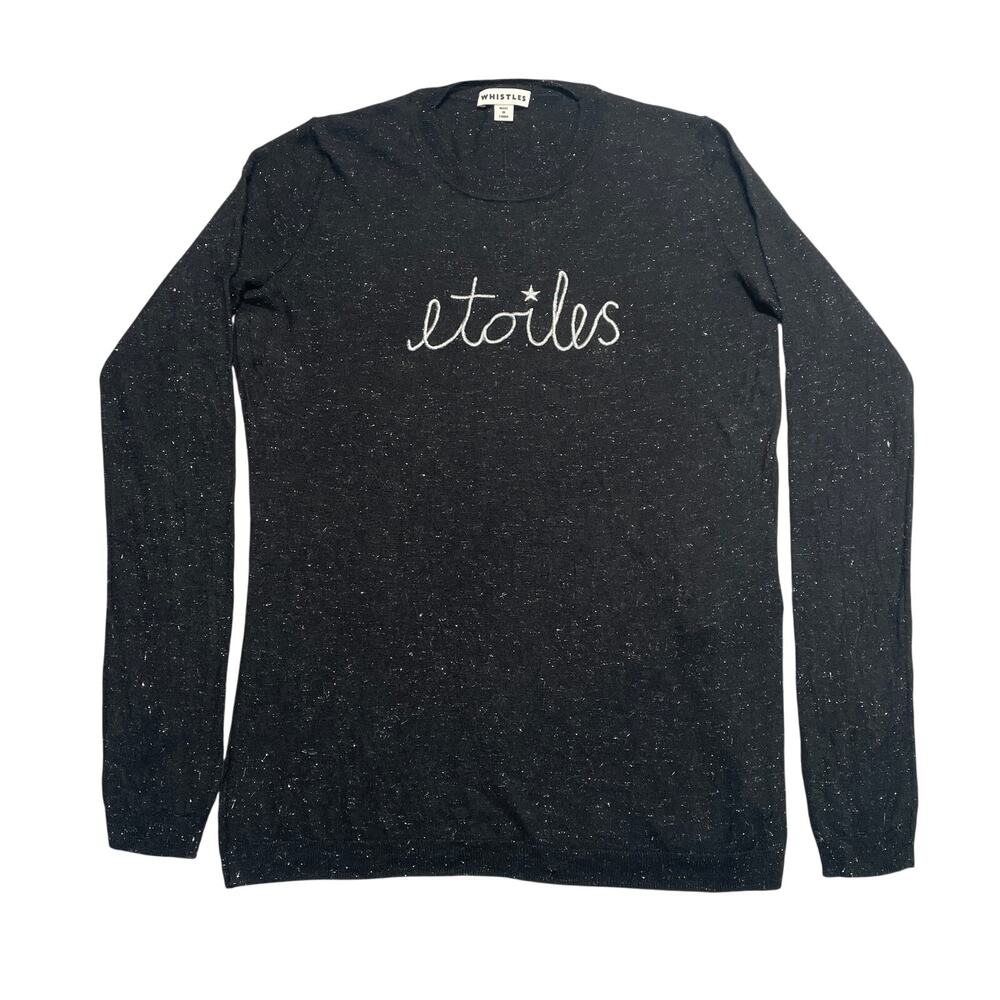 Whistles Sweater Womens 6 Black Etoiles Metallic Shiny Soft Cozy Crewneck